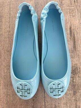 Tory Burch Sky Blue Patent Leather Logo Ballet Flats